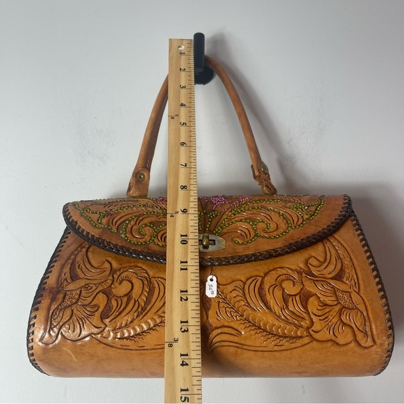 Vintage Brown Tooled Leather Purse Rhinestones Metal Clasp - Picture 13 of 16